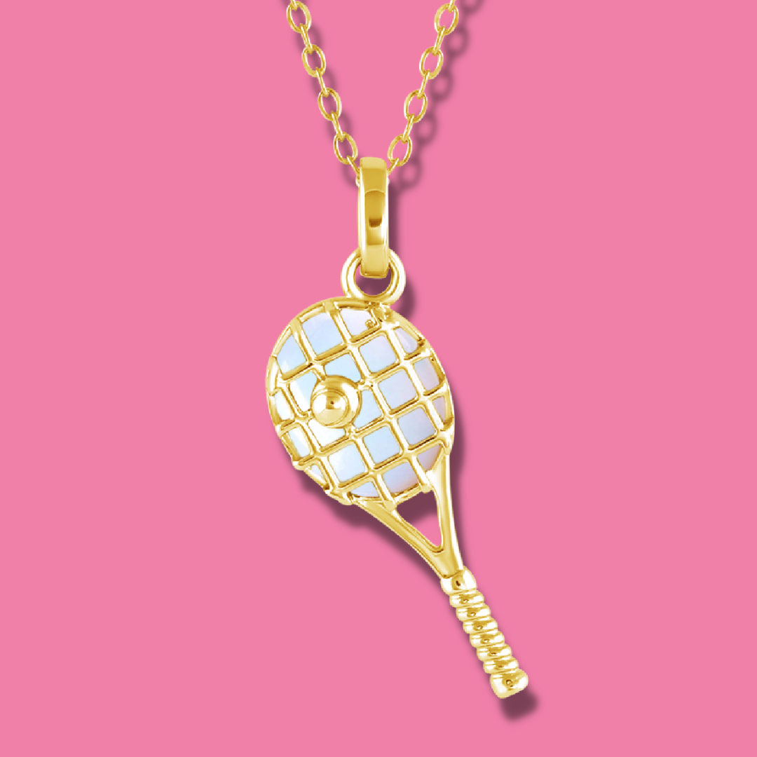 Gold Tennis Racket Necklace – elegant tennis jewelry gift for athletes, players, fans, teams, and coaches