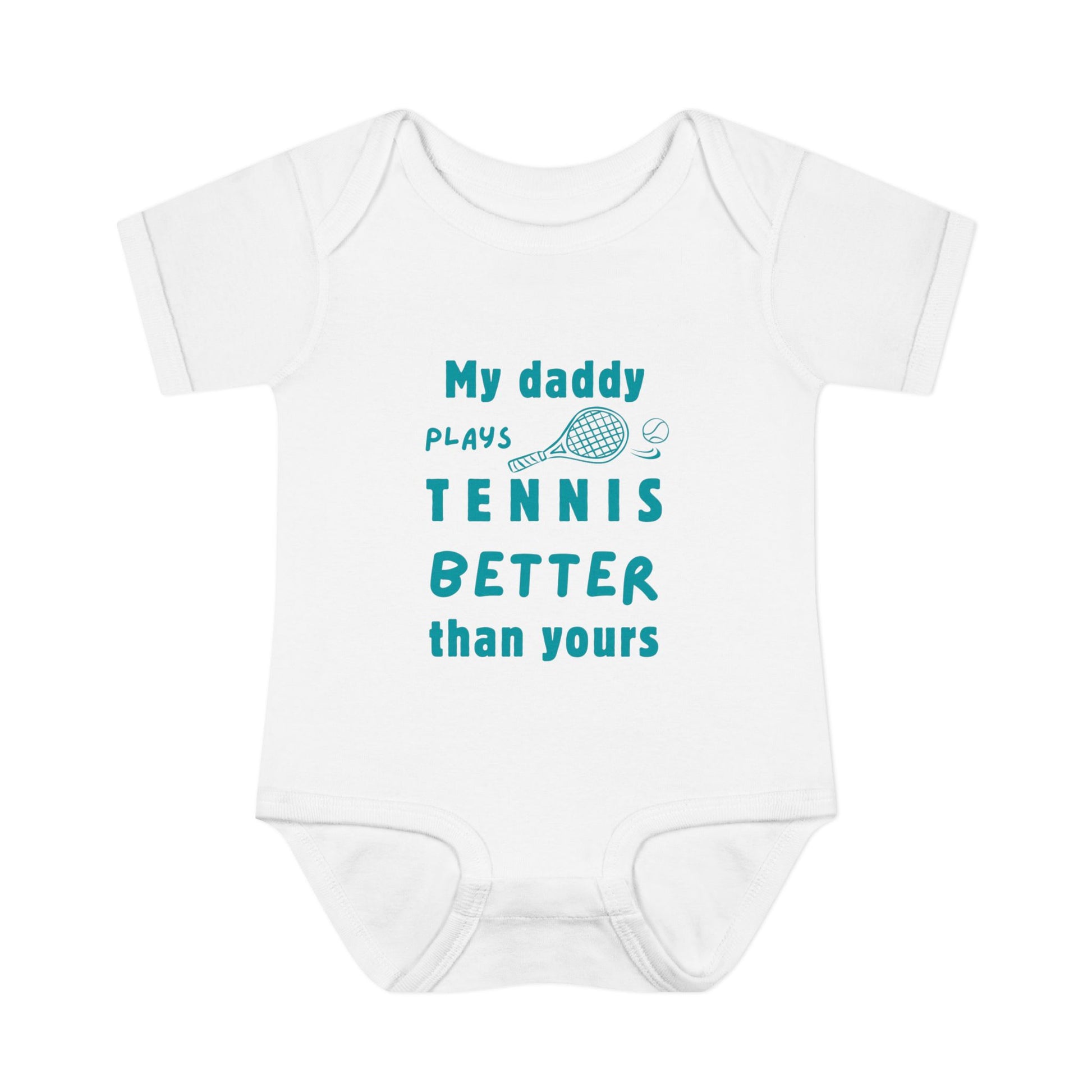 White baby onesie with teal text and tennis racket graphic on a white background