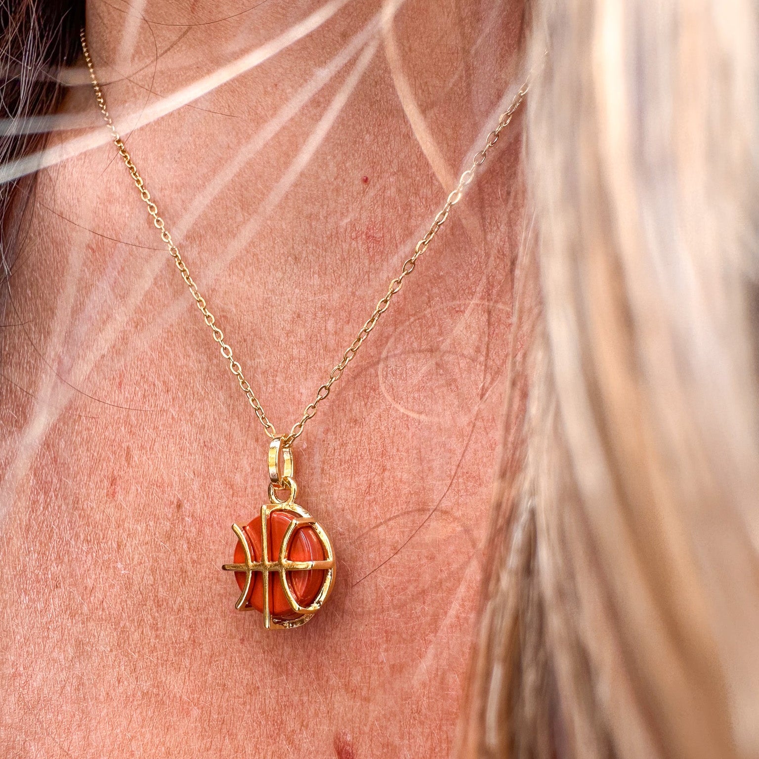 Gold Basketball Pendant Necklace – basketball jewelry gift for athletes, players, fans, teams, and coaches