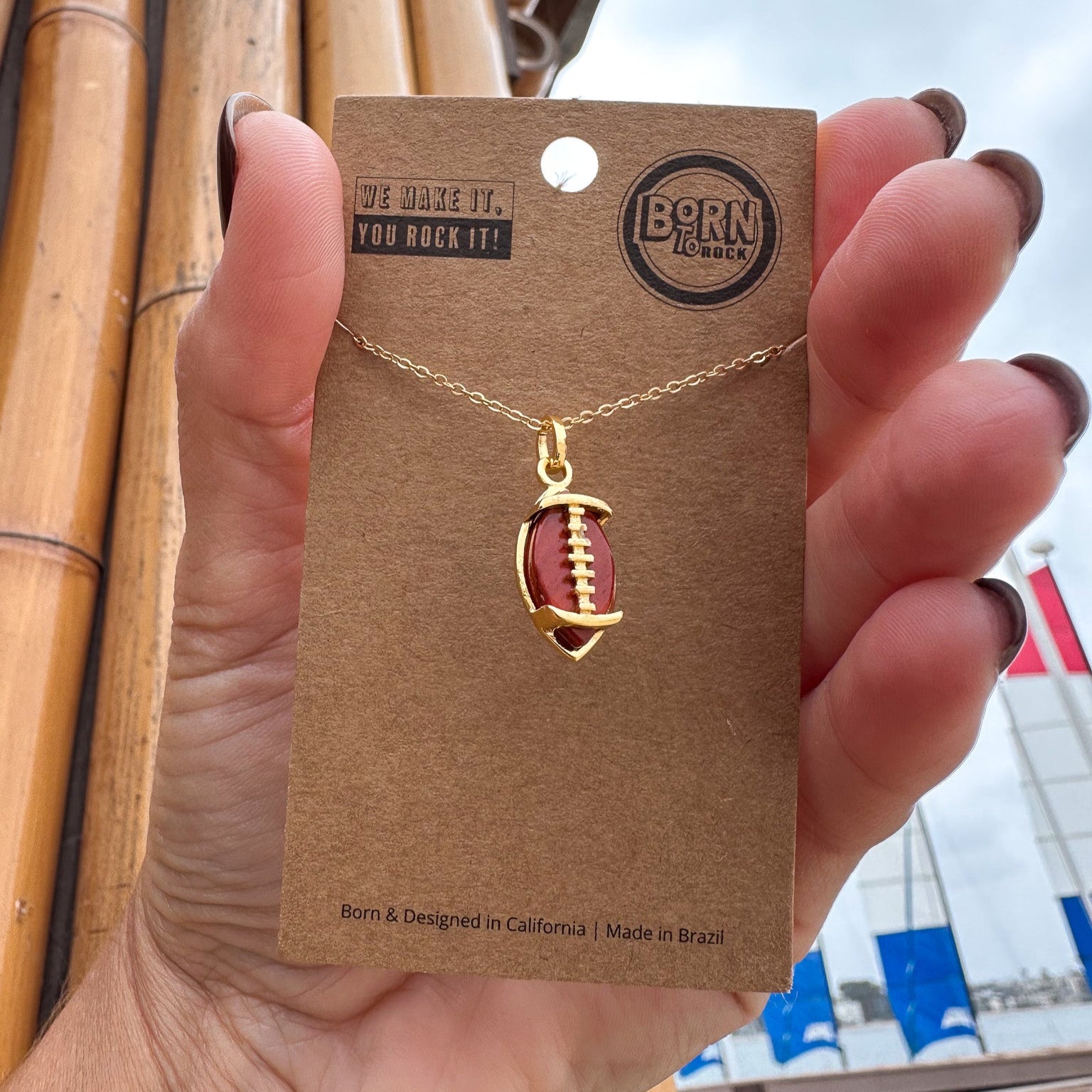 Gold Football Pendant Necklace – American football jewelry gift for athletes, players, fans, teams, and coaches