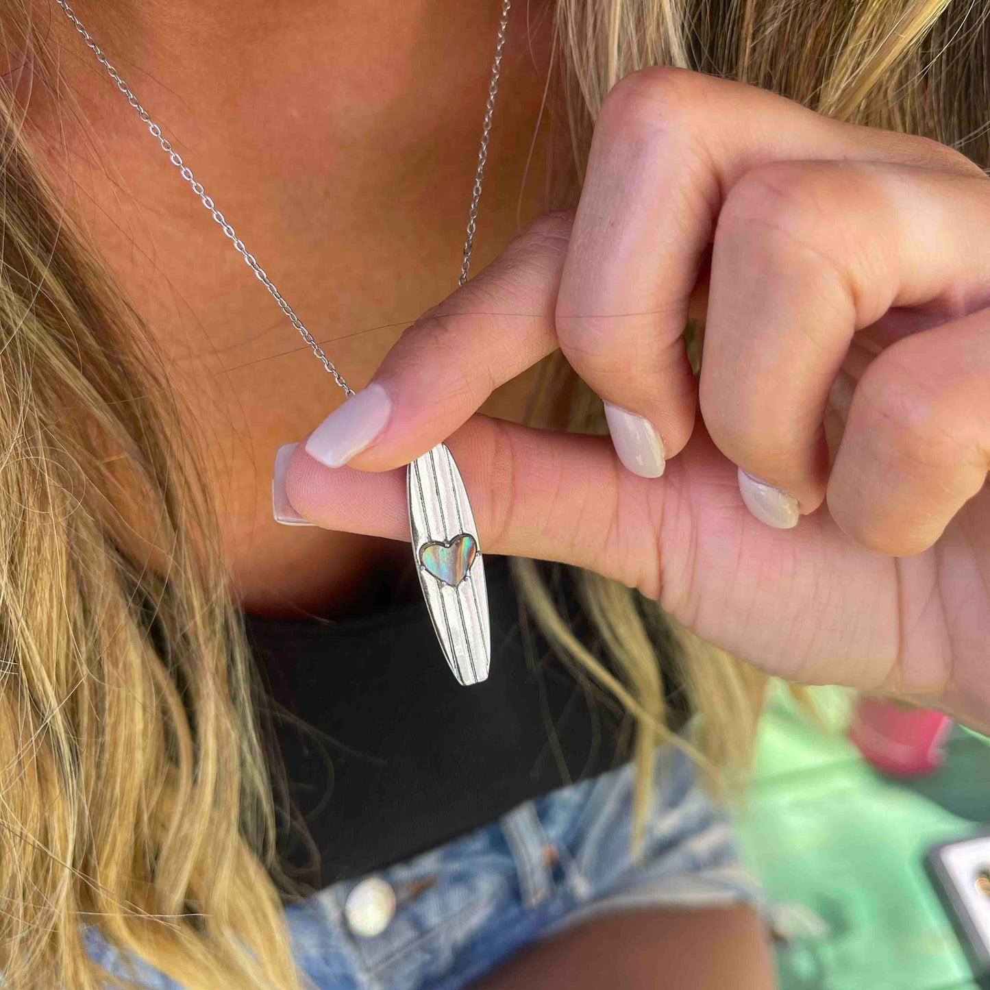 Longboard Surfboard Charm Necklace in Abalone Shell