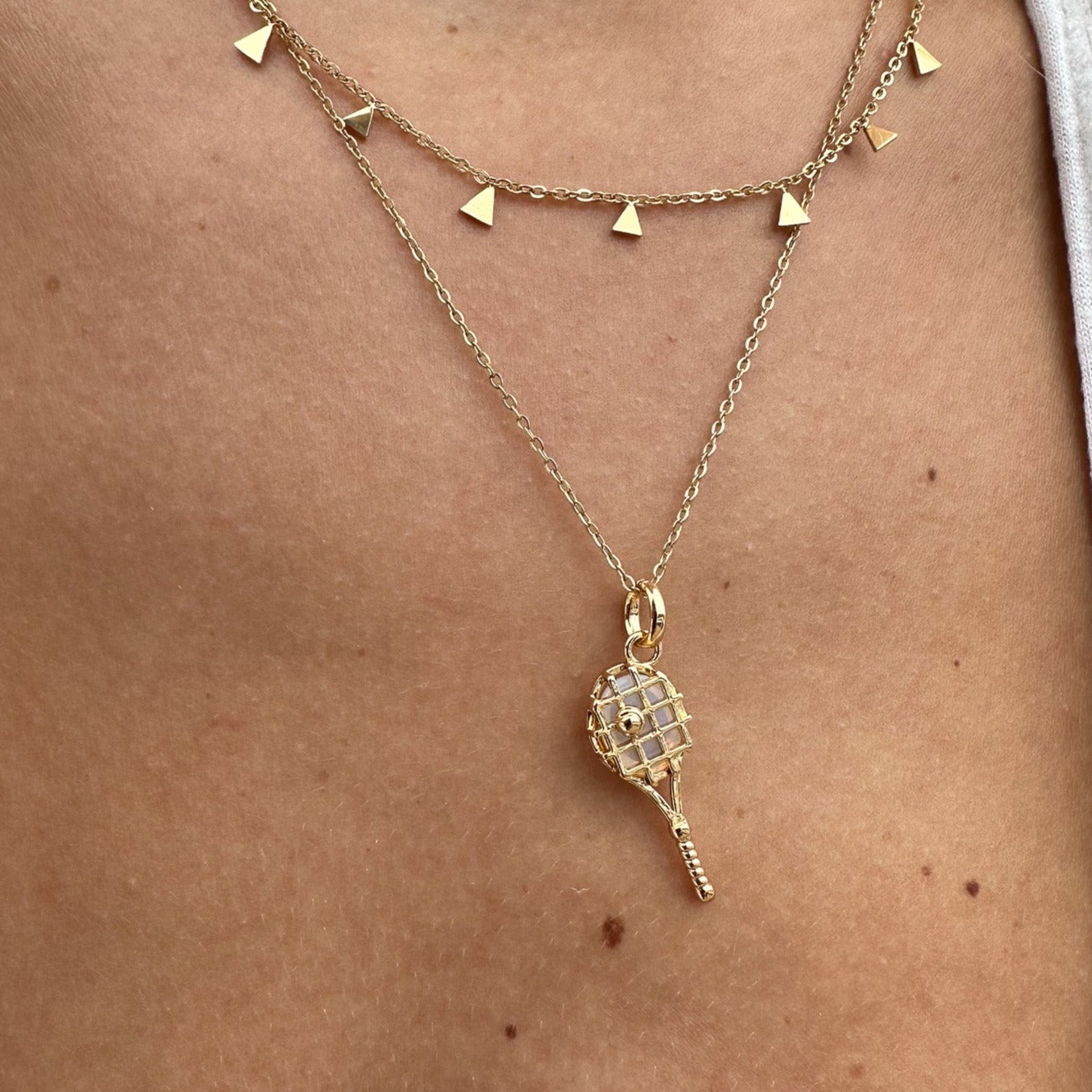 Gold Tennis Racket Necklace – elegant tennis jewelry gift for athletes, players, fans, teams, and coaches