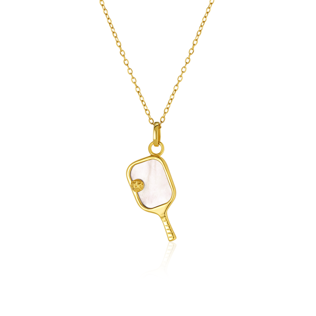 Gold Pickleball Paddle Pendant with a Mother of Pearl Pickleball Necklace – unique sports and pickleball jewelry gift for athletes, fans, teams, coaches, and players