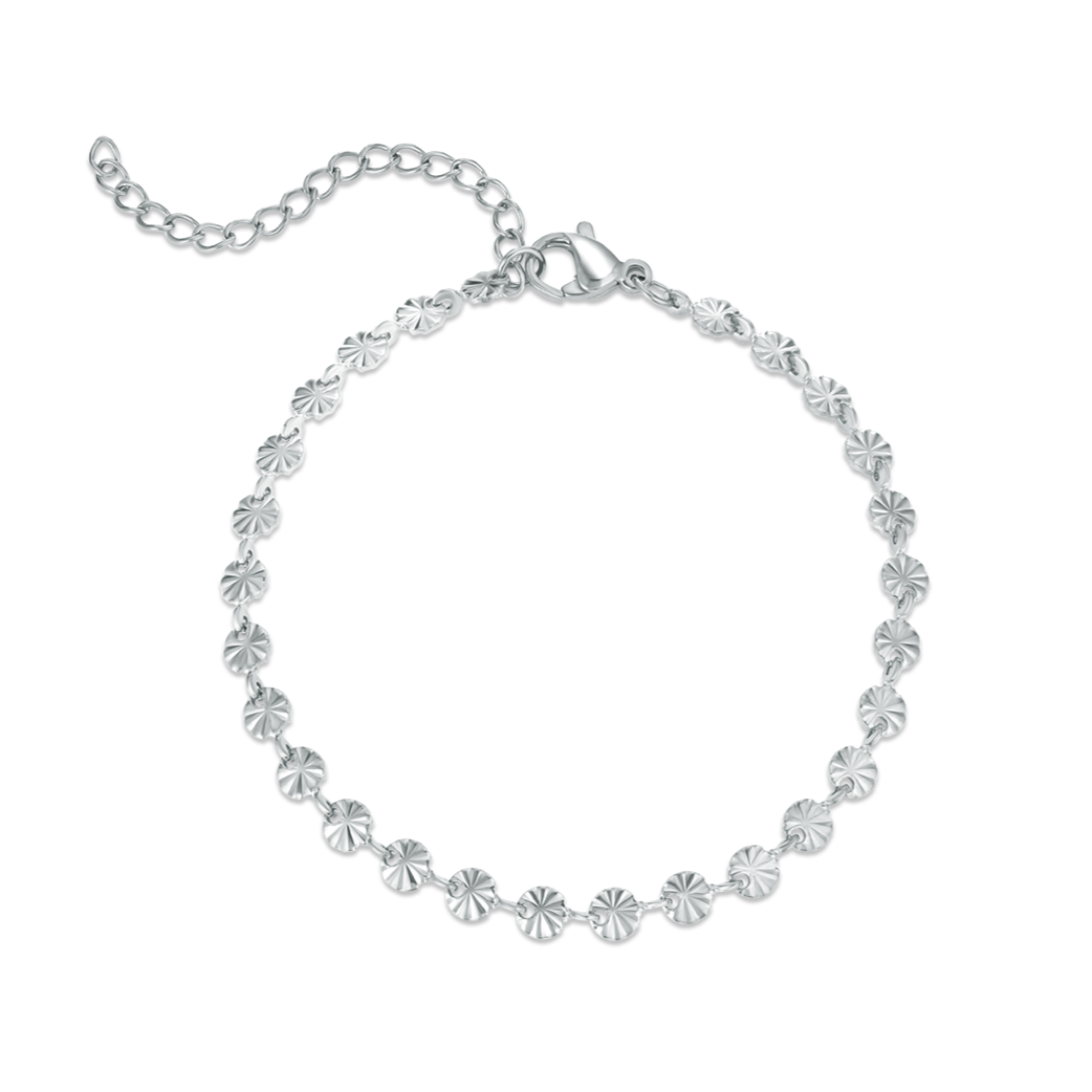 Silver bracelet with floral links on a white background