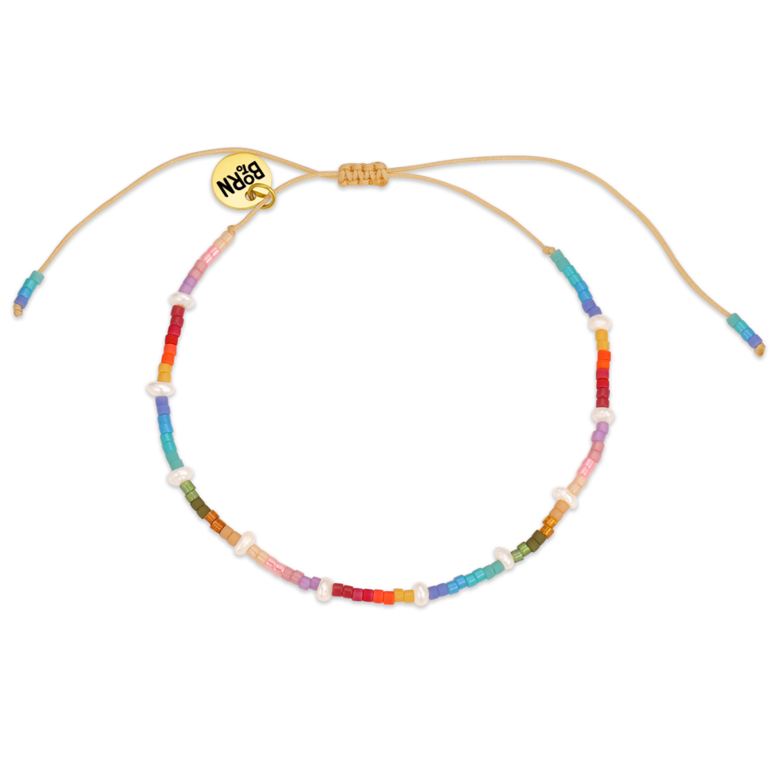 Colorful beaded bracelet with a gold clasp on a white background