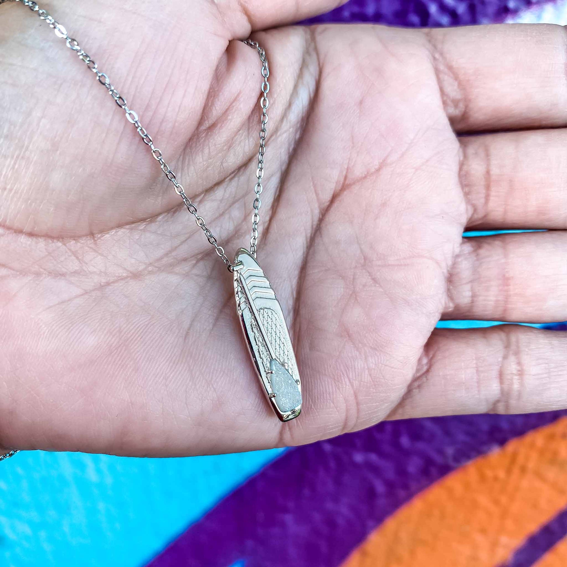 APRIL Birthstone SUP jewelry Necklace in  Quartz Crystal-Born to Rock Jewelry - Looking for places to buy or rent a paddle board? This stand up paddle board pendant will be the best and highest performance SUP you'll ever find. Take your paddle board with you, even when you're not surfing, racing or touring. Shop April's birthstone SUP jewelry online or at a surf shop near you.