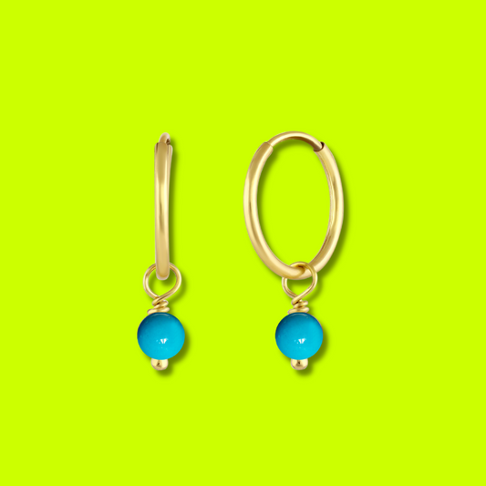 BORN TO ROCK® Jewelry | 14Kt Yellow Gold Filled Turquoise Charm Hoop Earrings | Discover our beautiful collection of hoop earrings at borntorockjewelry.com.  Shop Sterling silver or gold plated hoop earrings, earrings with natural gemstones beads, charm hoops and stud earrings. A personalized gift idea for every mom, grandma, bride, bridesmaid, daughter, wife, mother-in-law & loved one.