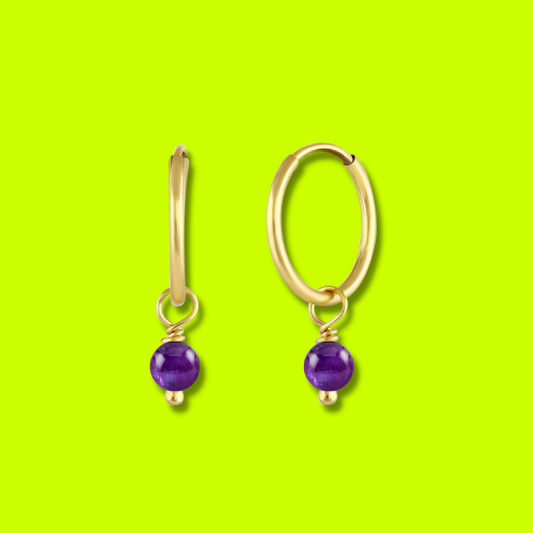 BORN TO ROCK® Jewelry | Gold Plated Amethyst Charm Hoop Earrings | Discover our beautiful collection of hoop earrings at borntorockjewelry.com.  Shop Sterling silver or gold plated hoop earrings, earrings with natural gemstones beads, charm hoops and stud earrings. A personalized gift idea for every mom, grandma, bride, bridesmaid, daughter, wife, mother-in-law & loved one.