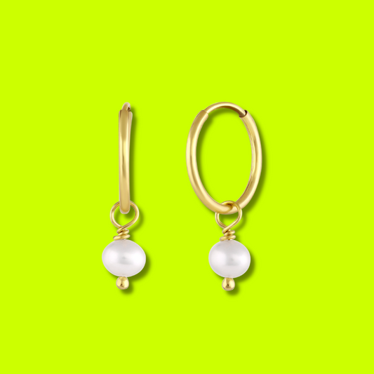 BORN TO ROCK® Jewelry | 14Kt Gold plated Freshwater pearl Charm Hoop Earrings | Discover our beautiful collection of hoop earrings at borntorockjewelry.com.  Shop Sterling silver or gold plated hoop earrings, earrings with natural gemstones beads, charm hoops and stud earrings. A personalized gift idea for every mom, grandma, bride, bridesmaid, daughter, wife, mother-in-law & loved one.