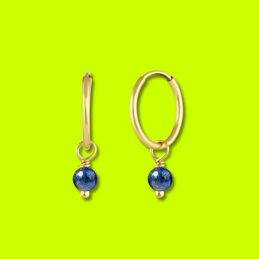 BORN TO ROCK® Jewelry | 14Kt Gold plated Lapis Lazuli Charm Hoop Earrings | Discover our beautiful collection of hoop earrings at borntorockjewelry.com.  Shop Sterling silver or gold plated hoop earrings, earrings with natural gemstones beads, charm hoops and stud earrings. A personalized gift idea for every mom, grandma, bride, bridesmaid, daughter, wife, mother-in-law & loved one.