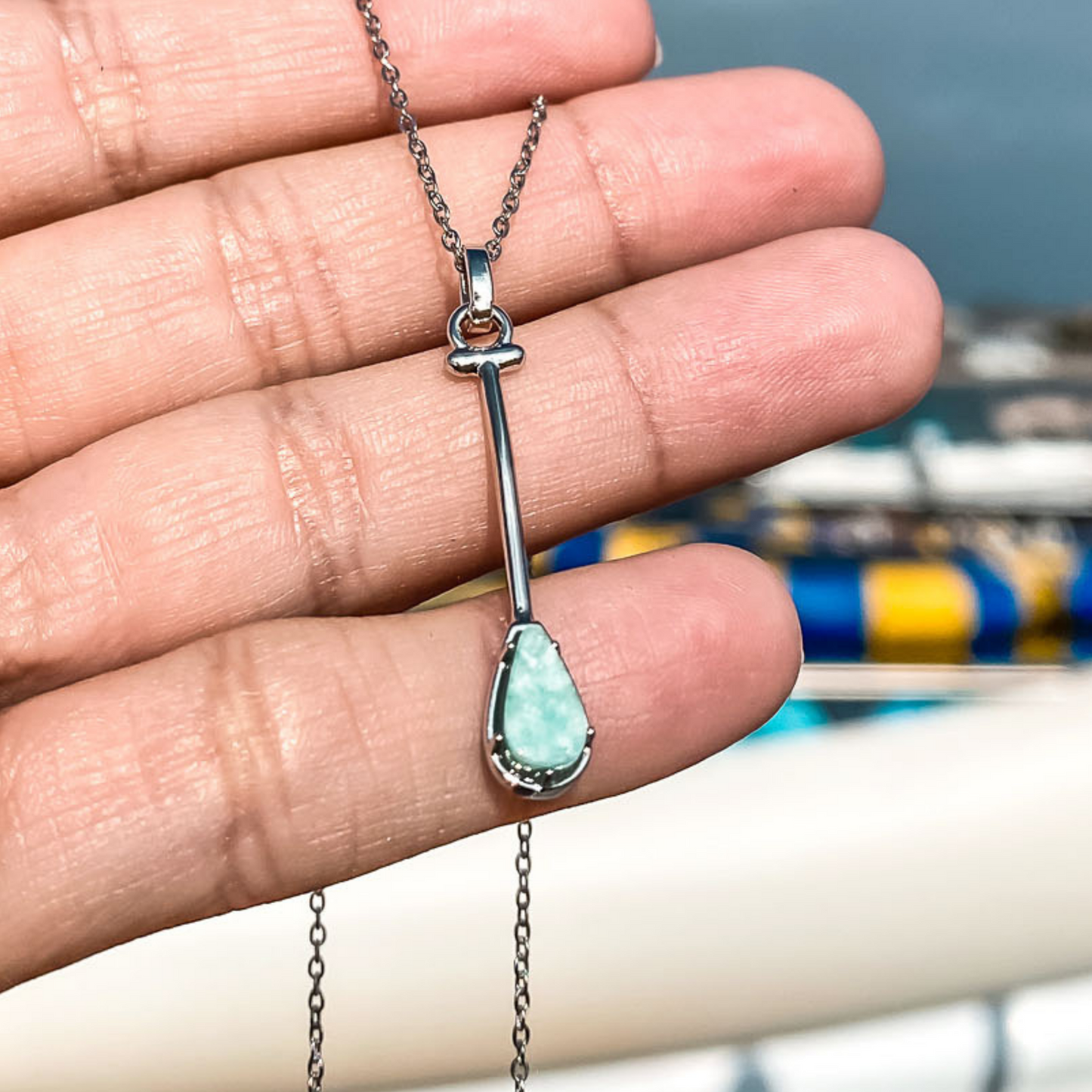 Paddler Jewelry inspired by Hawaiian Outrigger Canoe Paddle Charm Necklace in Green Aqua Amazonite Natural Gemstone. Made by Born to Rock Jewelry Store based in San Diego California. Paddling jewelry