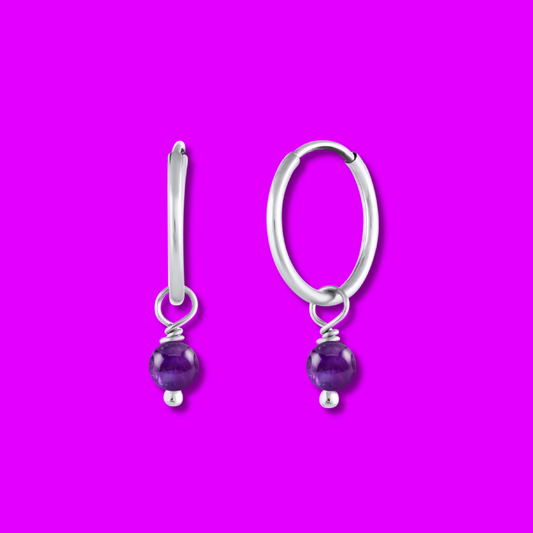 BORN TO ROCK® Jewelry | Sterling Silver Amethyst Charm Hoop Earrings | Discover our beautiful collection of hoop earrings at borntorockjewelry.com.  Shop Sterling silver or gold plated hoop earrings, earrings with natural gemstones beads, charm hoops and stud earrings. A personalized gift idea for every mom, grandma, bride, bridesmaid, daughter, wife, mother-in-law & loved one.