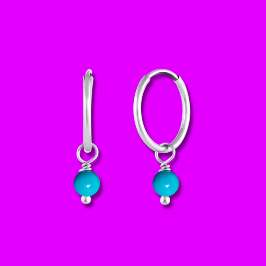 BORN TO ROCK® Jewelry | Sterling Silver Turquoise Charm Hoop Earrings | Discover our beautiful collection of hoop earrings at borntorockjewelry.com.  Shop Sterling silver or gold plated hoop earrings, earrings with natural gemstones beads, charm hoops and stud earrings. A personalized gift idea for every mom, grandma, bride, bridesmaid, daughter, wife, mother-in-law & loved one.