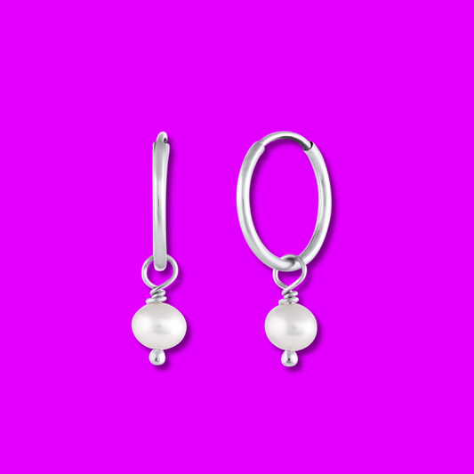 BORN TO ROCK® Jewelry | Sterling Silver Freshwater pearl Charm Hoop Earrings | Discover our beautiful collection of hoop earrings at borntorockjewelry.com.  Shop Sterling silver or gold plated hoop earrings, earrings with natural gemstones beads, charm hoops and stud earrings. A personalized gift idea for every mom, grandma, bride, bridesmaid, daughter, wife, mother-in-law & loved one.