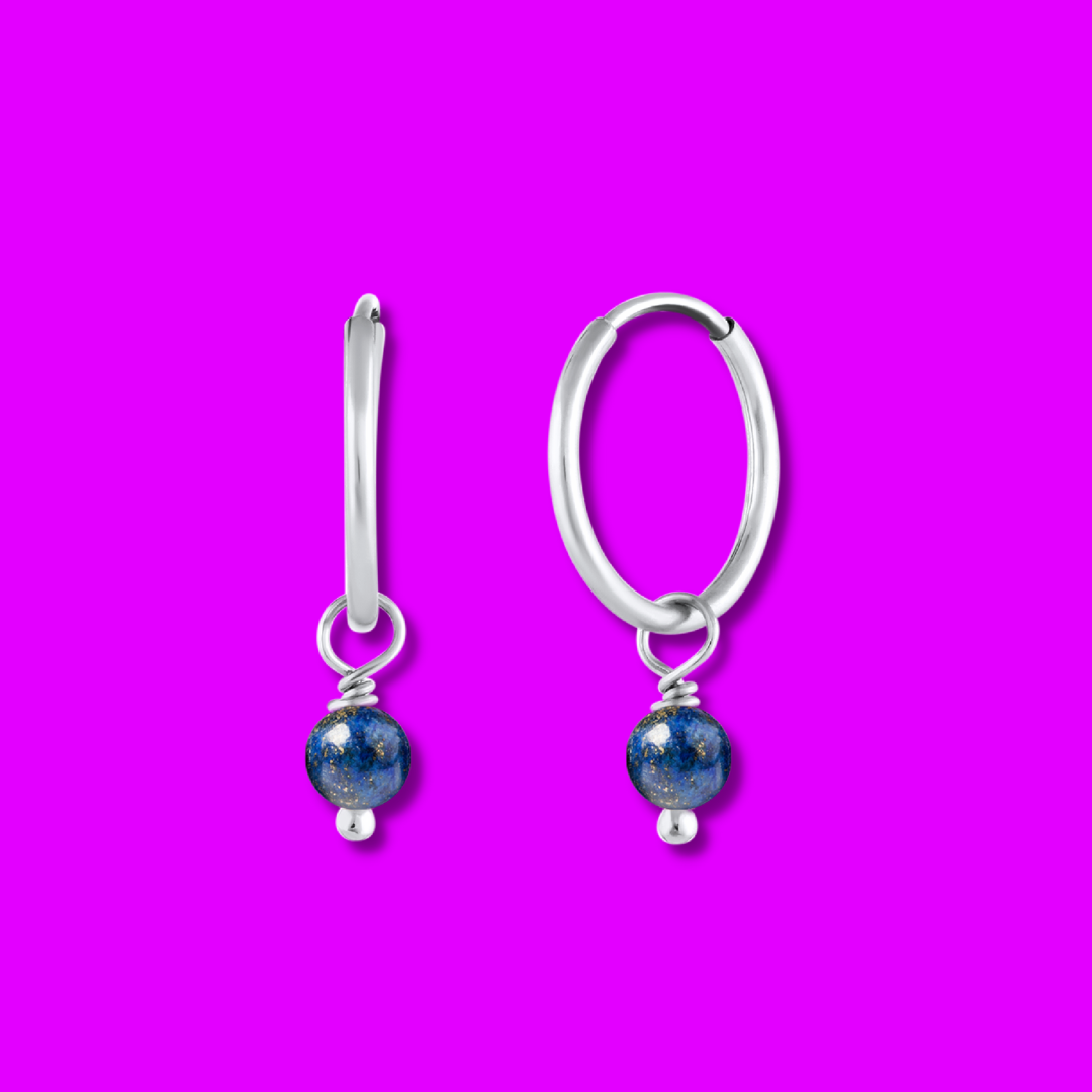 BORN TO ROCK® Jewelry | Sterling Silver Lapis Lazuli Charm Hoop Earrings | Discover our beautiful collection of hoop earrings at borntorockjewelry.com.  Shop Sterling silver or gold plated hoop earrings, earrings with natural gemstones beads, charm hoops and stud earrings. A personalized gift idea for every mom, grandma, bride, bridesmaid, daughter, wife, mother-in-law & loved one.