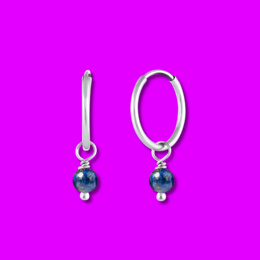 BORN TO ROCK® Jewelry | Sterling Silver Lapis Lazuli Charm Hoop Earrings | Discover our beautiful collection of hoop earrings at borntorockjewelry.com.  Shop Sterling silver or gold plated hoop earrings, earrings with natural gemstones beads, charm hoops and stud earrings. A personalized gift idea for every mom, grandma, bride, bridesmaid, daughter, wife, mother-in-law & loved one.