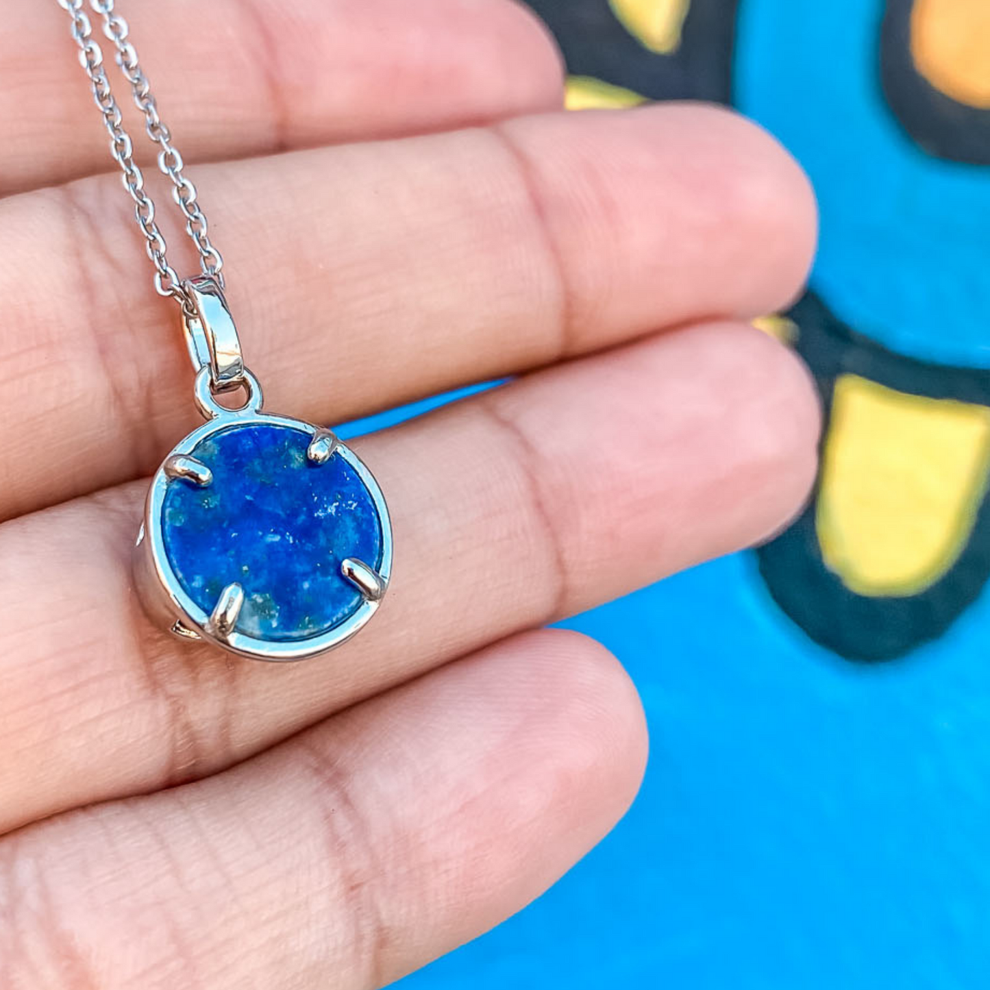 Om Yoga necklace with the third chakra gemstone crystal, Blue Crystal, Lapis Lazuli. Made by Born to Rock Jewelry