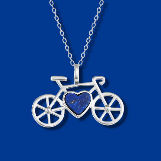 Bike Pendant Necklace in Silver Plated with a heart shaped Lapis Lazuli Blue Gemstone made by Born to Rock Jewelry | Great gift for bikers