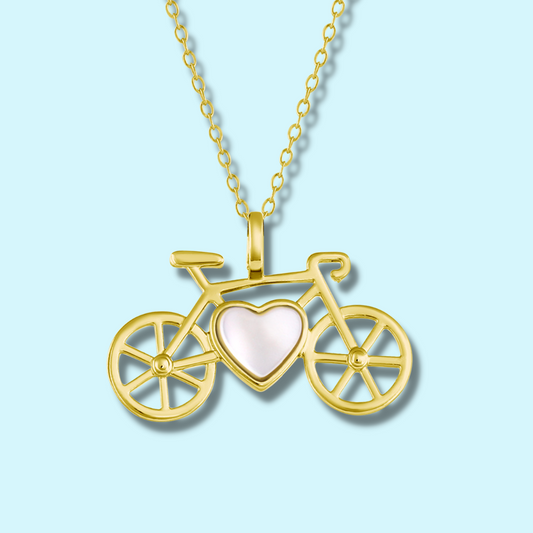 Bike Pendant Necklace in Silver Plated with a heart shaped Mother-of-Pearl Gemstone made by Born to Rock Jewelry | Great gift for bikers