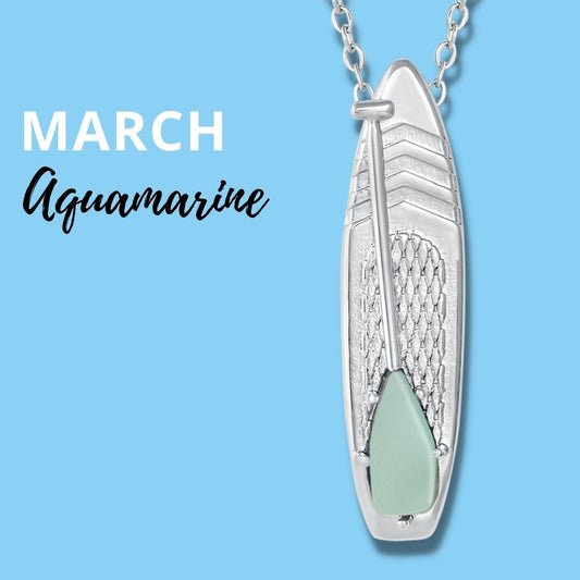 Looking for places to buy or rent a paddle board? This stand up paddle board pendant will be the best and highest performance SUP you'll ever find. Take your paddle board with you, even when you're not surfing, racing or touring. Shop March's birthstone SUP jewelry online or at a surf shop near you.
