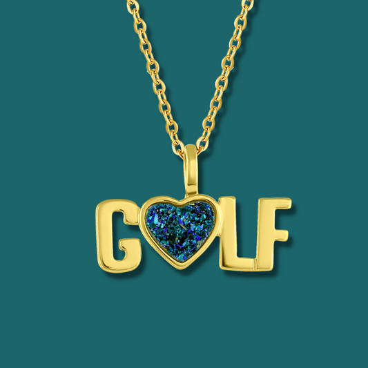 Yellow Gold plated Golf necklace with a heart shaped natural quartz druzy teal colored gemstone  made by Born to Rock Jewelry