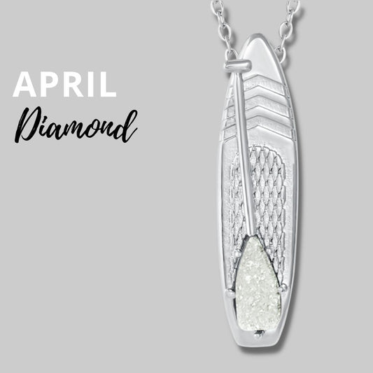 APRIL Birthstone SUP jewelry Necklace in  Quartz Crystal-Born to Rock Jewelry - Looking for places to buy or rent a paddle board? This stand up paddle board pendant will be the best and highest performance SUP you'll ever find. Take your paddle board with you, even when you're not surfing, racing or touring. Shop April's birthstone SUP jewelry online or at a surf shop near you.