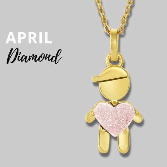 APRIL Birthstone yellow Gold little boy Necklace in  Quartz Crystal-Born to Rock Jewelry - One-of-a-kind birthstone jewelry collection. This unique & meaningful birthstone charm necklace is the perfect gift for yourself, Mother's Day, Valentine's Day, baby shower, Christmas & birthdays. A personalized gift idea for every mom, mom-to-be, grandma, bride, bridesmaid, daughter, wife, mother-in-law & loved one.