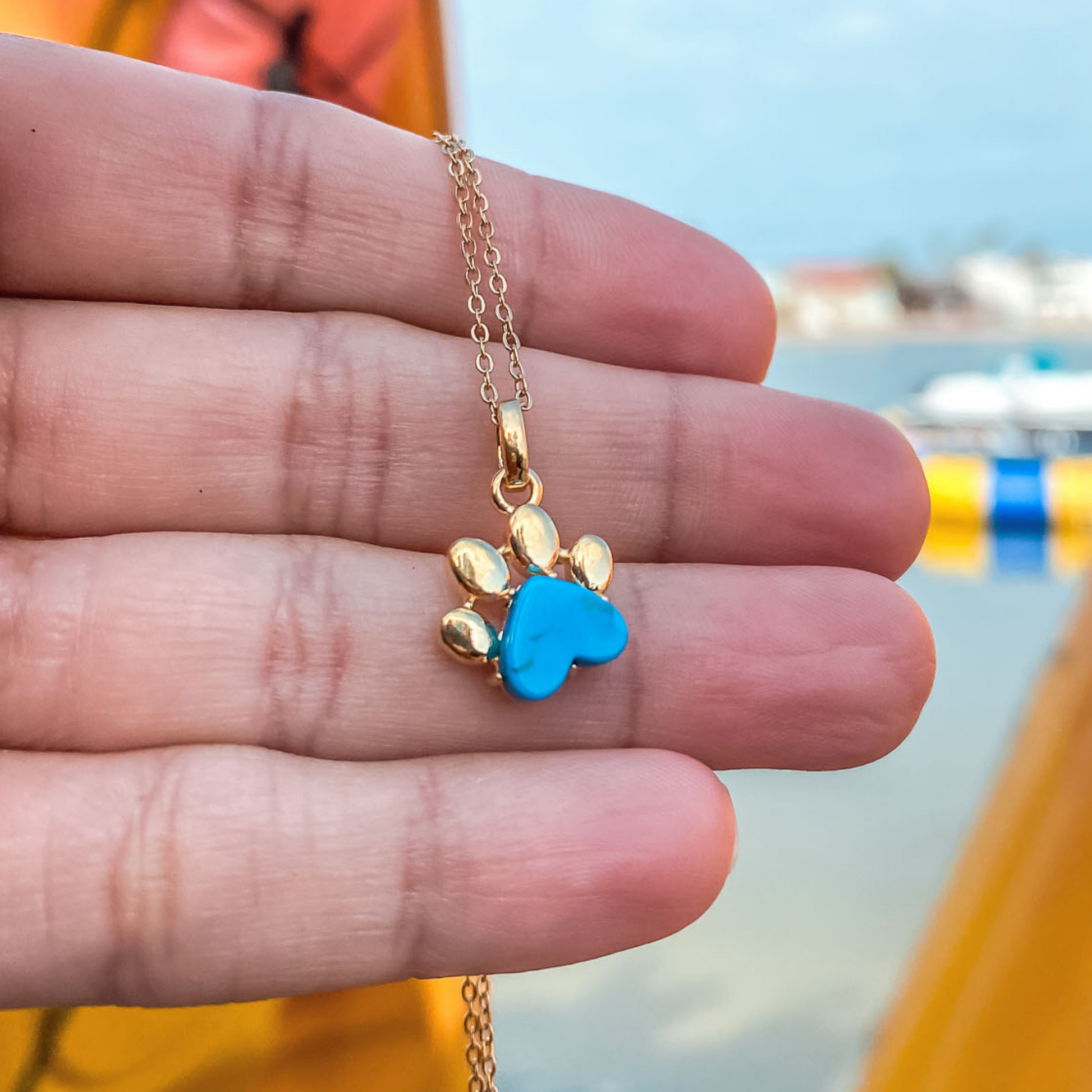 Pet Paw Charm Necklace in heart shaped turquoise gemstone. Best gift for pet moms and pet lovers. Made by Born to Rock Jewelry