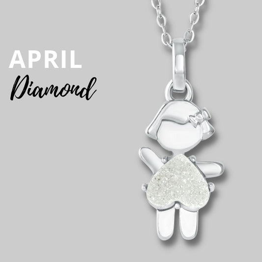APRIL Birthstone little girl Necklace in  Quartz Crystal-Born to Rock Jewelry - One-of-a-kind birthstone jewelry collection. This unique & meaningful birthstone charm necklace is the perfect gift for yourself, Mother's Day, Valentine's Day, baby shower, Christmas & birthdays. A personalized gift idea for every mom, mom-to-be, grandma, bride, bridesmaid, daughter, wife, mother-in-law & loved one.