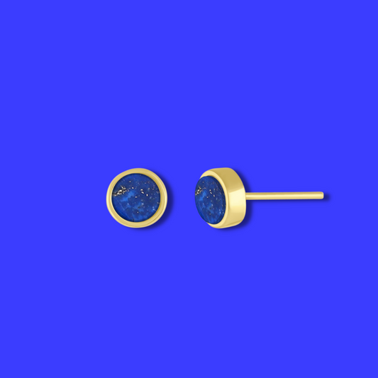 5mm Yellow Gold Plated Round Stud Earrings in Royal Blue Lapis Lazuli Gemstone made By Born To Rock. Online Jewelry store Based in San Diego California