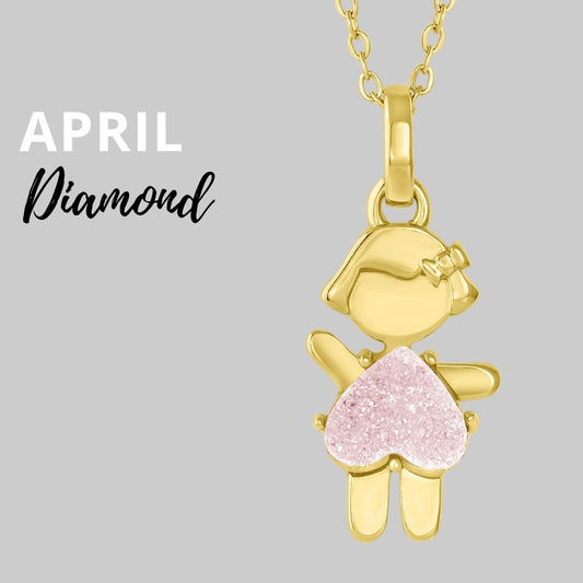 APRIL Birthstone yellow Gold little boy Necklace in  Quartz Crystal-Born to Rock Jewelry - One-of-a-kind birthstone jewelry collection. This unique & meaningful birthstone charm necklace is the perfect gift for yourself, Mother's Day, Valentine's Day, baby shower, Christmas & birthdays. A personalized gift idea for every mom, mom-to-be, grandma, bride, bridesmaid, daughter, wife, mother-in-law & loved one.