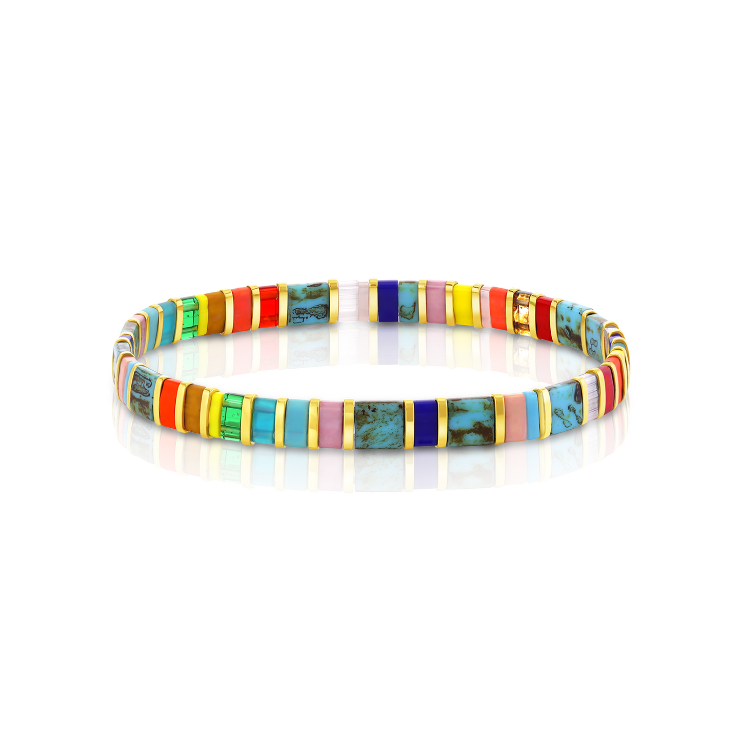 Colored tila beads stretch handmade bracelets made by Born to Rock Jewelry. Surf and sports inspired jewelry brand. A family-owned business that rocks! Based in San Diego California.