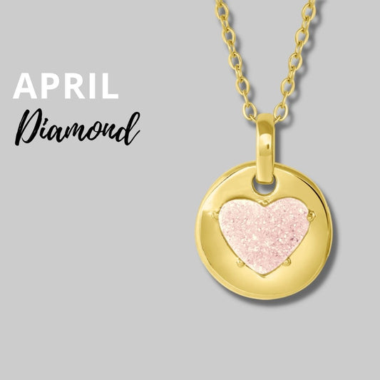 APRIL Birthstone yellow Gold Jane medallion Necklace in  Quartz Crystal-Born to Rock Jewelry - Diamond is April's birthstone and the gem for the 10th & 60th wedding anniversaries. This unique charm makes a great gift for yourself, Mother's Day, Valentine's Day, graduation, Christmas and birthdays. A personalized gift idea for every mom, grandma, bride, bridesmaid, daughter, wife, mother-in-law & loved one.