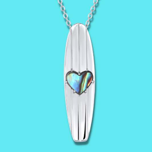 Longboard Surfboard Charm Necklace in Abalone Shell