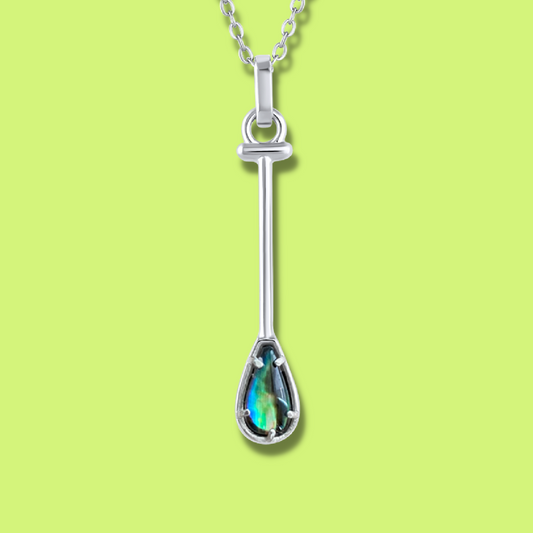 Sterling Silver Hawaiian Outrigger Canoe Paddle Charm Necklace in Abalone Shell Natural Gemstone. Made by Born to Rock Jewelry Store based in San Diego California. Paddling jewelry