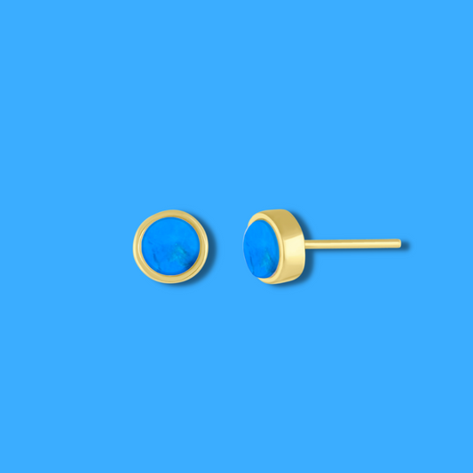 5mm Yellow Gold Plated Round Stud Earrings in Round Blue Turquoise Gemstone made By Born To Rock. Online Jewelry Store Based in San Diego California