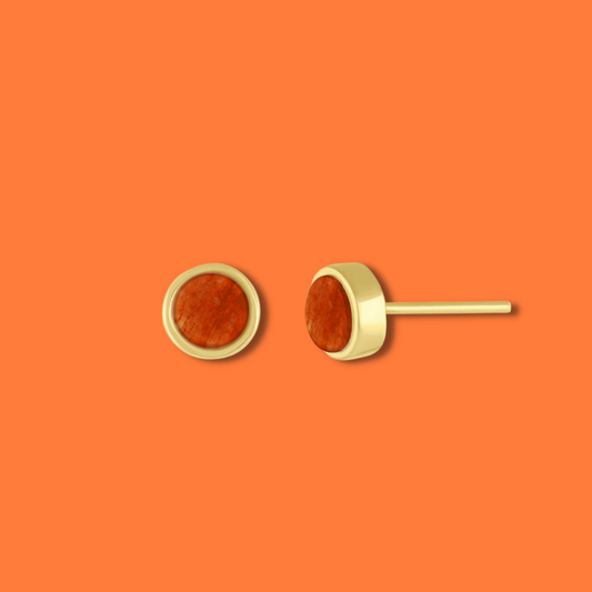 5mm Round Stud Yellow Gold Plated Earrings in Orange Dyed Feldspar Natural Gemstone Made by Born to Rock. Online Jewelry Based in San Diego California