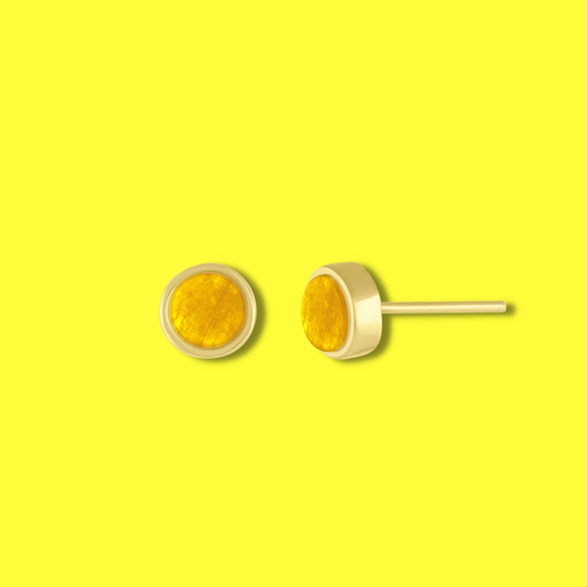 5mm Round Stud Yellow Gold Plated Earrings in Yellow Dyed Feldspar Natural Gemstone Made by Born to Rock. Online Jewelry Based in San Diego California
