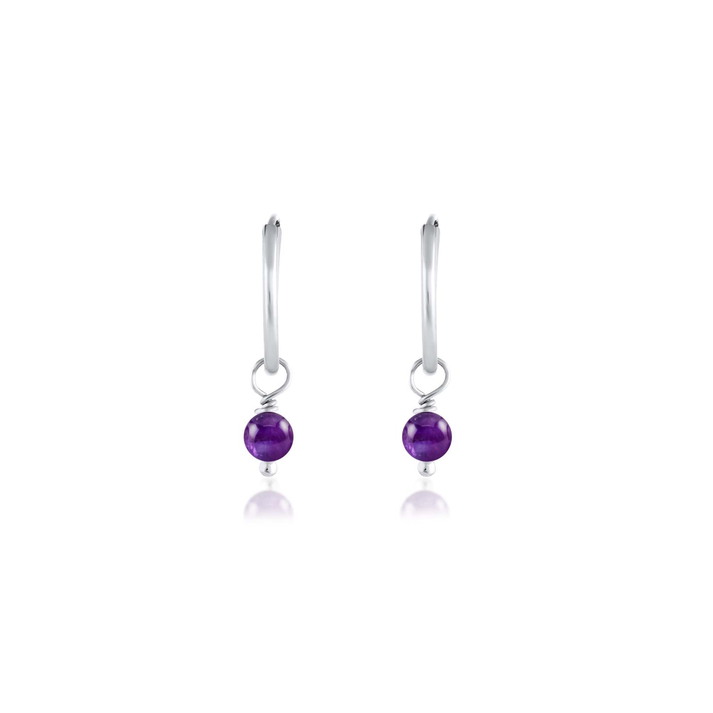 BORN TO ROCK® Jewelry | Sterling Silver Amethyst Charm Hoop Earrings | Discover our beautiful collection of hoop earrings at borntorockjewelry.com. Shop Sterling silver or gold plated hoop earrings, earrings with natural gemstones beads, charm hoops and stud earrings. A personalized gift idea for every mom, grandma, bride, bridesmaid, daughter, wife, mother-in-law & loved one.