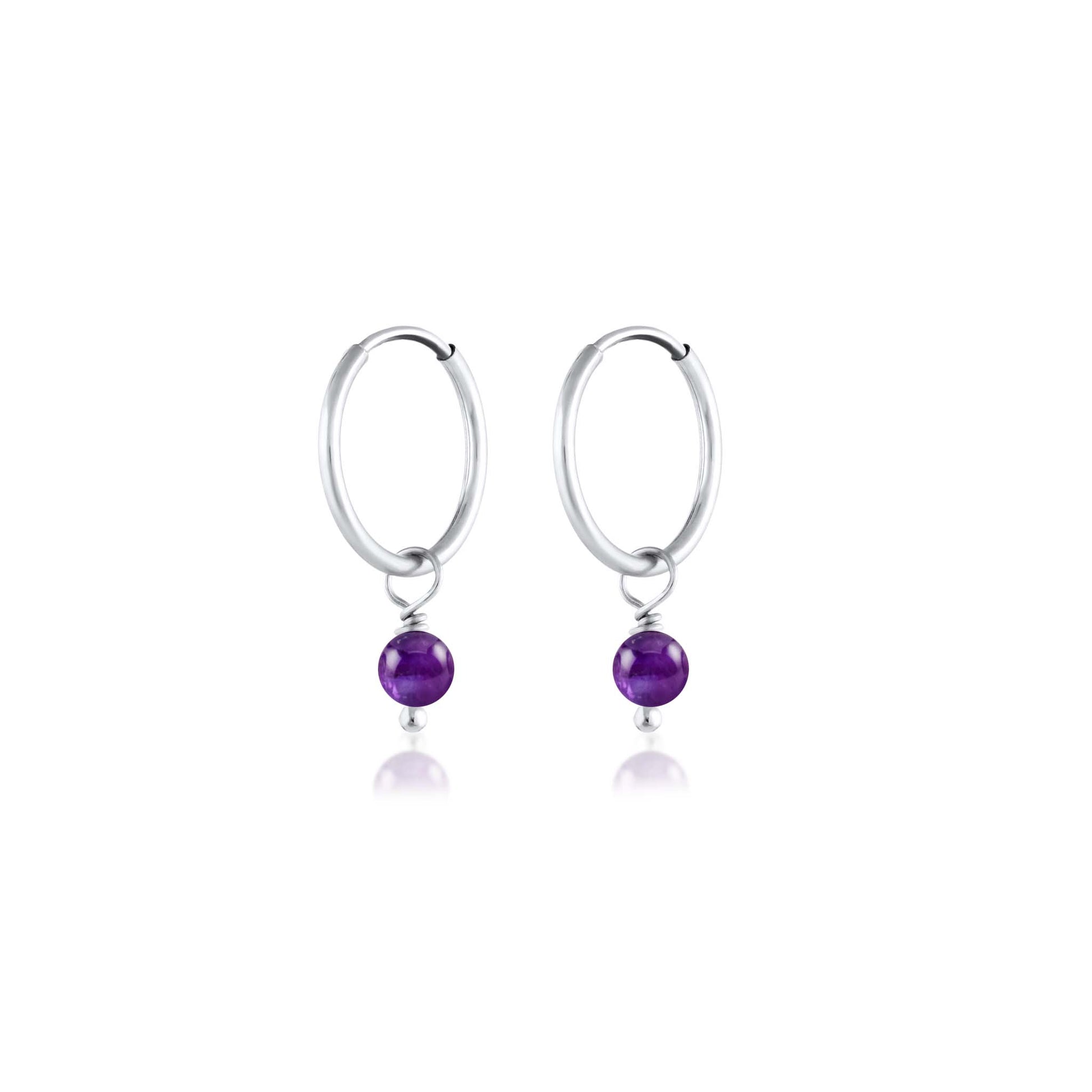 BORN TO ROCK® Jewelry | Sterling Silver Amethyst Charm Hoop Earrings | Discover our beautiful collection of hoop earrings at borntorockjewelry.com.  Shop Sterling silver or gold plated hoop earrings, earrings with natural gemstones beads, charm hoops and stud earrings. A personalized gift idea for every mom, grandma, bride, bridesmaid, daughter, wife, mother-in-law & loved one.
