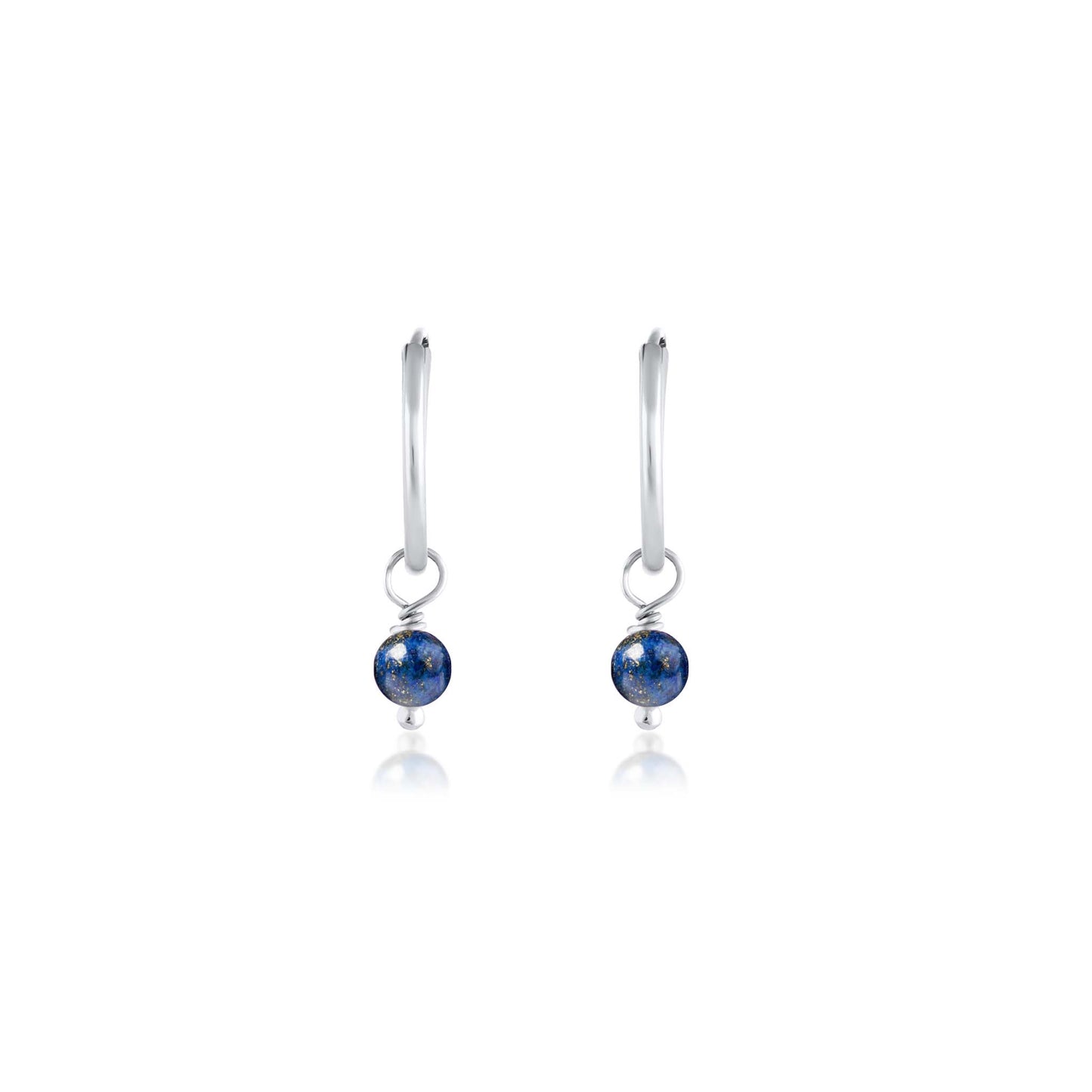 BORN TO ROCK® Jewelry | Sterling Silver Lapis Lazuli Charm Hoop Earrings | Discover our beautiful collection of hoop earrings at borntorockjewelry.com. Shop Sterling silver or gold plated hoop earrings, earrings with natural gemstones beads, charm hoops and stud earrings. A personalized gift idea for every mom, grandma, bride, bridesmaid, daughter, wife, mother-in-law & loved one.