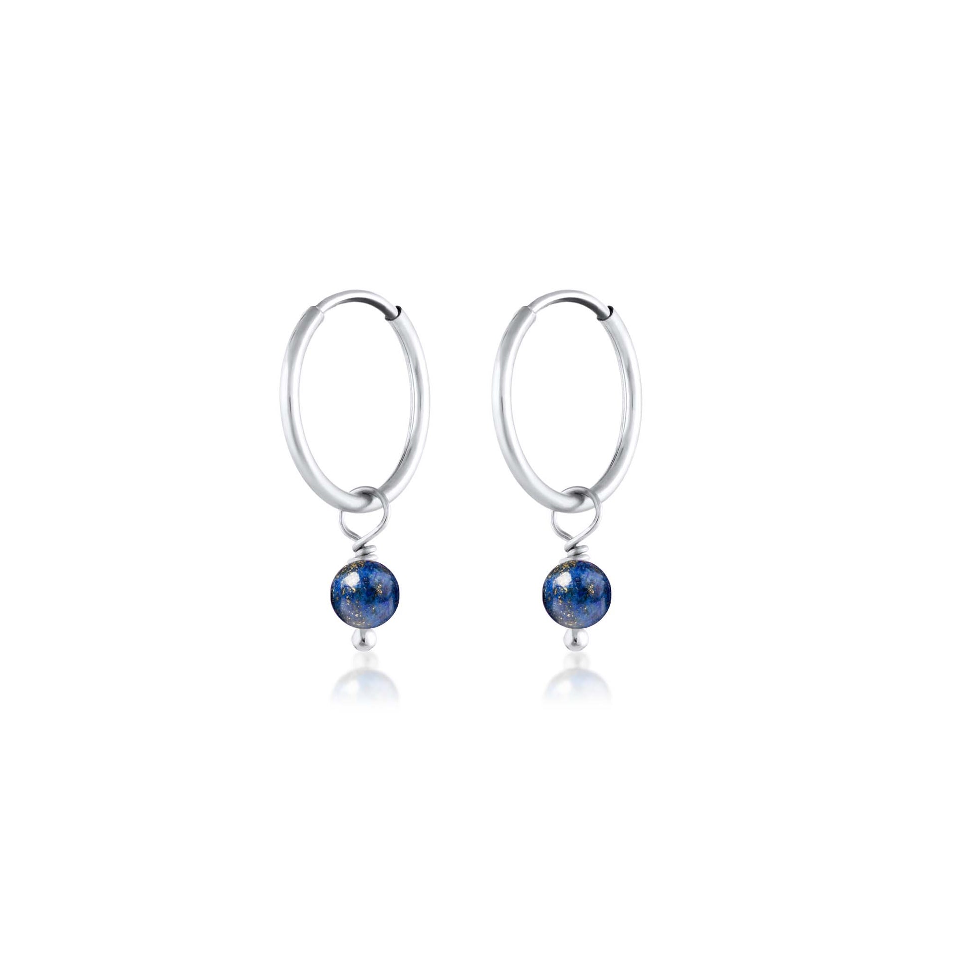BORN TO ROCK® Jewelry | Sterling Silver Lapis Lazuli Charm Hoop Earrings | Discover our beautiful collection of hoop earrings at borntorockjewelry.com.  Shop Sterling silver or gold plated hoop earrings, earrings with natural gemstones beads, charm hoops and stud earrings. A personalized gift idea for every mom, grandma, bride, bridesmaid, daughter, wife, mother-in-law & loved one.