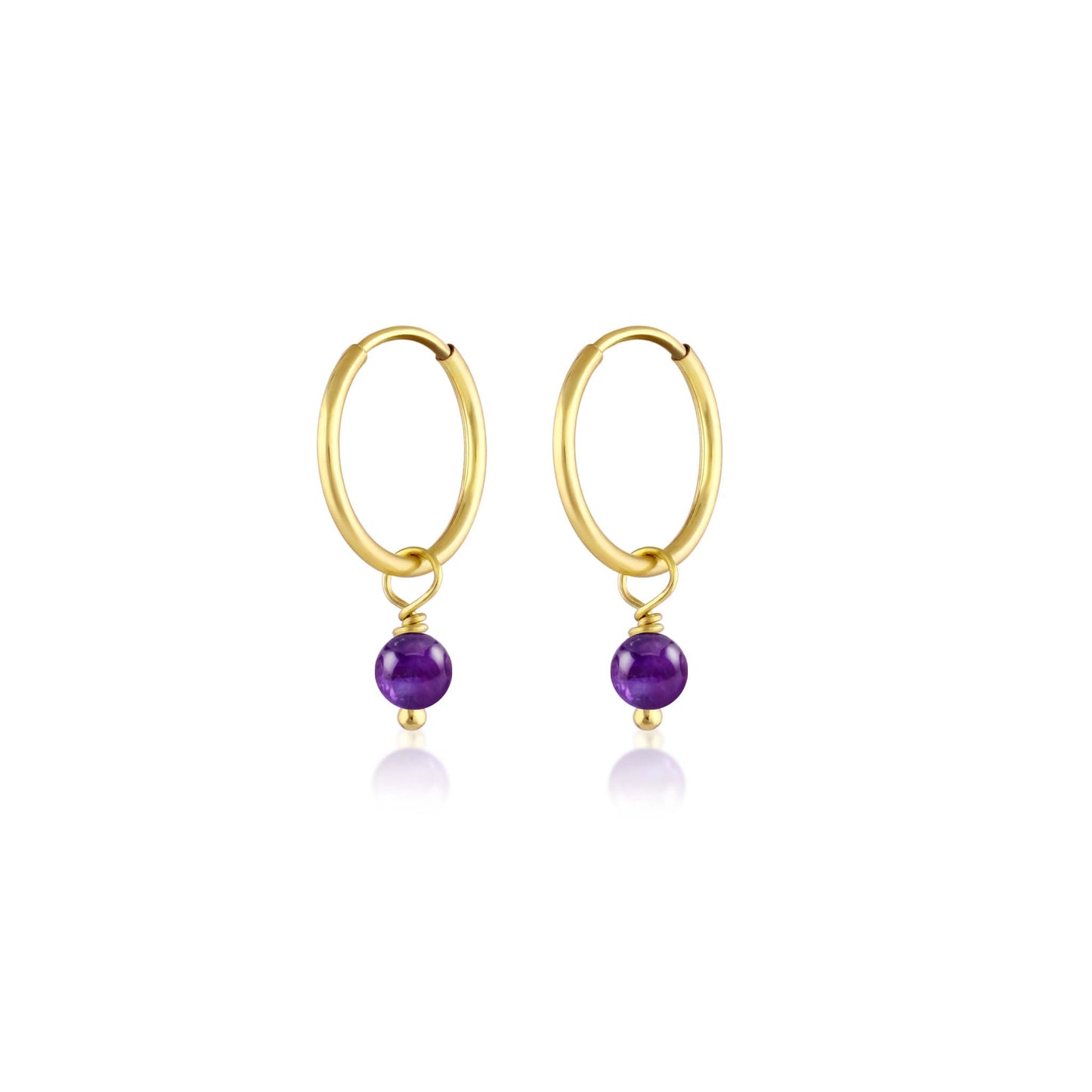BORN TO ROCK® Jewelry | Gold Plated Amethyst Charm Hoop Earrings | Discover our beautiful collection of hoop earrings at borntorockjewelry.com. Shop Sterling silver or gold plated hoop earrings, earrings with natural gemstones beads, charm hoops and stud earrings. A personalized gift idea for every mom, grandma, bride, bridesmaid, daughter, wife, mother-in-law & loved one.
