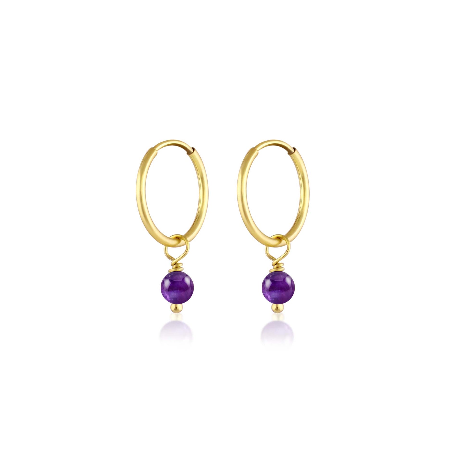 BORN TO ROCK® Jewelry | Gold Plated Amethyst Charm Hoop Earrings | Discover our beautiful collection of hoop earrings at borntorockjewelry.com.  Shop Sterling silver or gold plated hoop earrings, earrings with natural gemstones beads, charm hoops and stud earrings. A personalized gift idea for every mom, grandma, bride, bridesmaid, daughter, wife, mother-in-law & loved one.