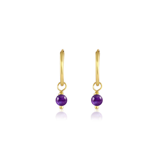 BORN TO ROCK® Jewelry | Gold Plated Amethyst Charm Hoop Earrings | Discover our beautiful collection of hoop earrings at borntorockjewelry.com. Shop Sterling silver or gold plated hoop earrings, earrings with natural gemstones beads, charm hoops and stud earrings. A personalized gift idea for every mom, grandma, bride, bridesmaid, daughter, wife, mother-in-law & loved one.