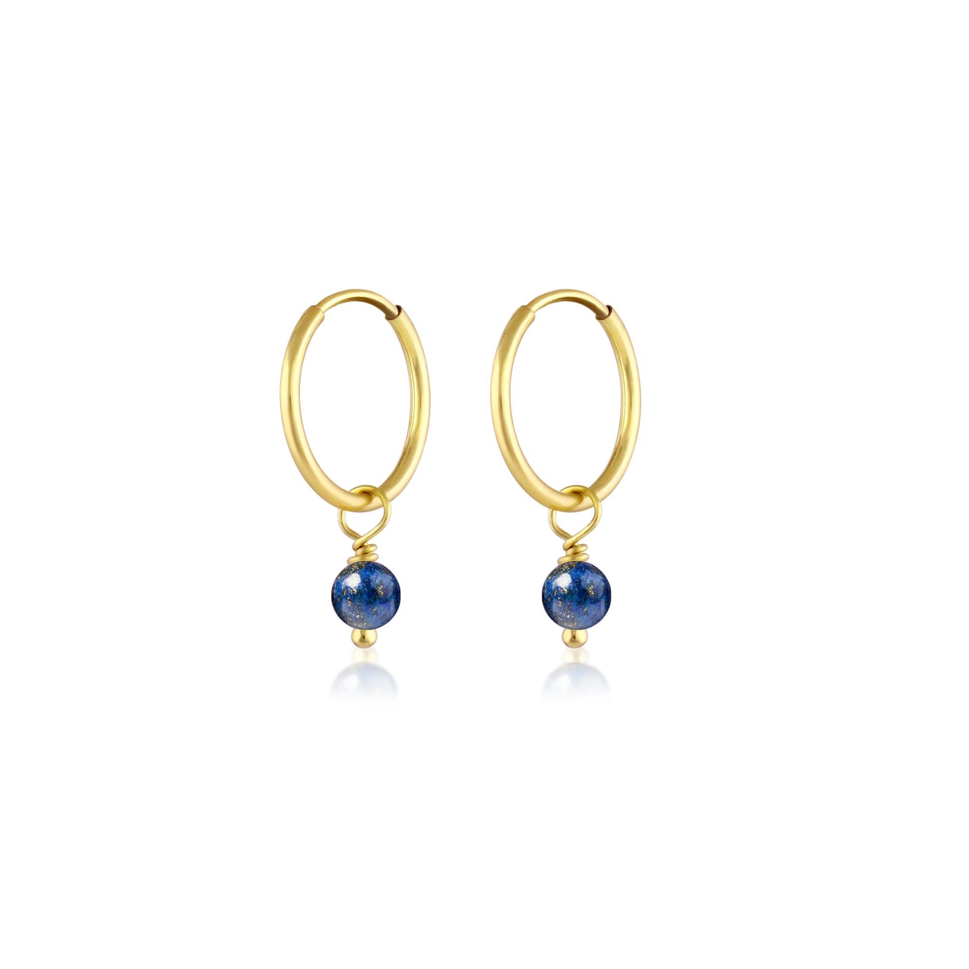 BORN TO ROCK® Jewelry | 14Kt Gold plated Lapis Lazuli Charm Hoop Earrings | Discover our beautiful collection of hoop earrings at borntorockjewelry.com.  Shop Sterling silver or gold plated hoop earrings, earrings with natural gemstones beads, charm hoops and stud earrings. A personalized gift idea for every mom, grandma, bride, bridesmaid, daughter, wife, mother-in-law & loved one.