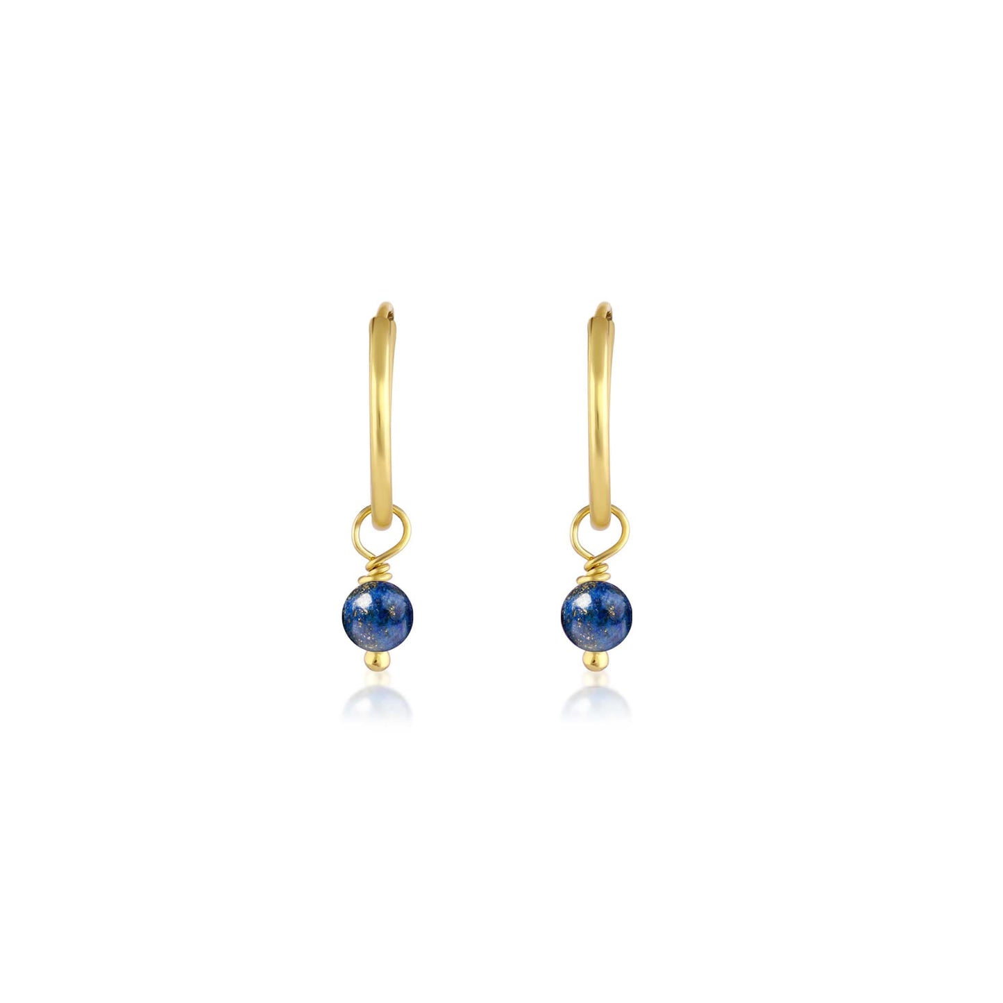 BORN TO ROCK® Jewelry | 14Kt Gold plated Lapis Lazuli Charm Hoop Earrings | Discover our beautiful collection of hoop earrings at borntorockjewelry.com. Shop Sterling silver or gold plated hoop earrings, earrings with natural gemstones beads, charm hoops and stud earrings. A personalized gift idea for every mom, grandma, bride, bridesmaid, daughter, wife, mother-in-law & loved one.