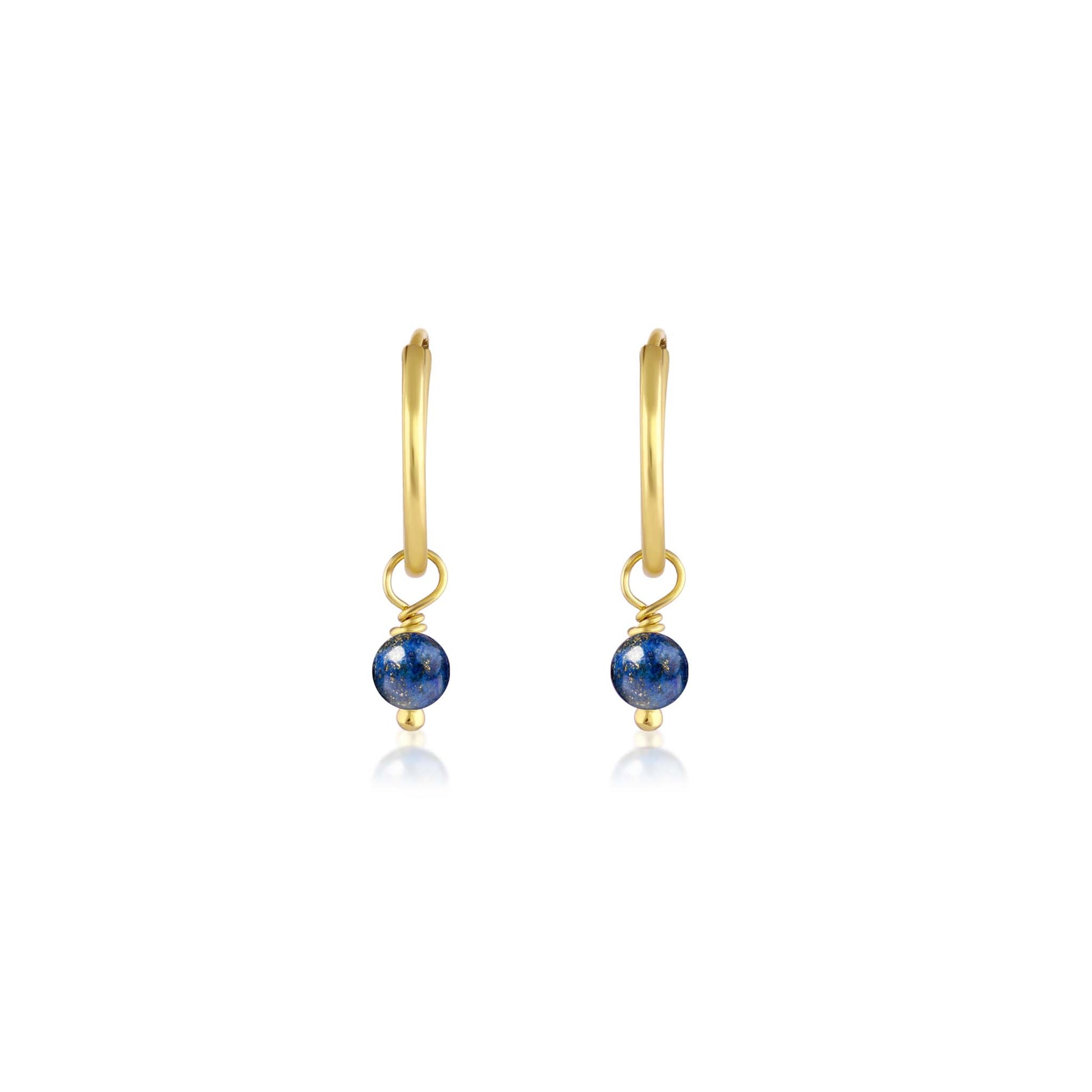 BORN TO ROCK® Jewelry | 14Kt Gold plated Lapis Lazuli Charm Hoop Earrings | Discover our beautiful collection of hoop earrings at borntorockjewelry.com.  Shop Sterling silver or gold plated hoop earrings, earrings with natural gemstones beads, charm hoops and stud earrings. A personalized gift idea for every mom, grandma, bride, bridesmaid, daughter, wife, mother-in-law & loved one.