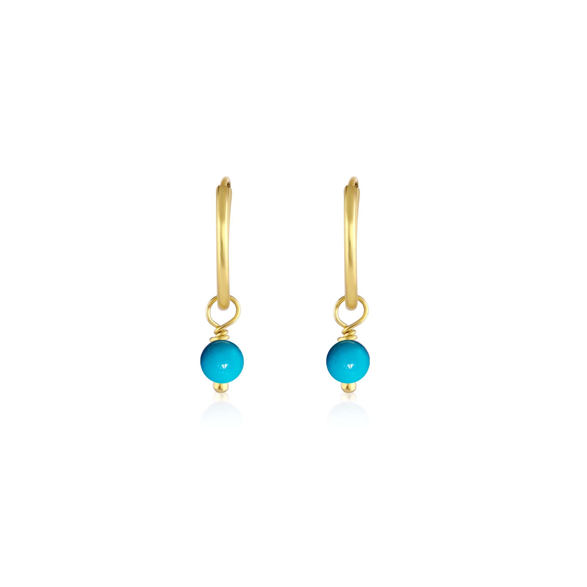 BORN TO ROCK® Jewelry | 14Kt Yellow Gold Filled Turquoise Charm Hoop Earrings | Discover our beautiful collection of hoop earrings at borntorockjewelry.com.  Shop Sterling silver or gold plated hoop earrings, earrings with natural gemstones beads, charm hoops and stud earrings. A personalized gift idea for every mom, grandma, bride, bridesmaid, daughter, wife, mother-in-law & loved one.