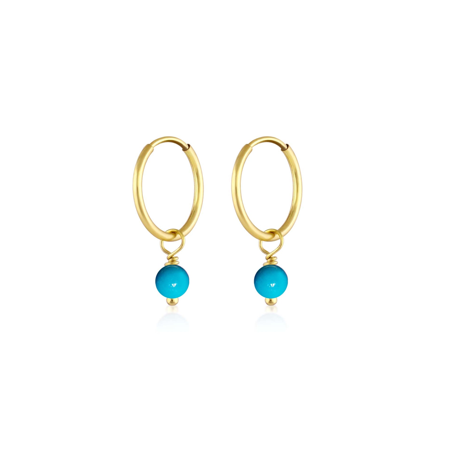 BORN TO ROCK® Jewelry | 14Kt Yellow Gold Filled Turquoise Charm Hoop Earrings | Discover our beautiful collection of hoop earrings at borntorockjewelry.com.  Shop Sterling silver or gold plated hoop earrings, earrings with natural gemstones beads, charm hoops and stud earrings. A personalized gift idea for every mom, grandma, bride, bridesmaid, daughter, wife, mother-in-law & loved one.